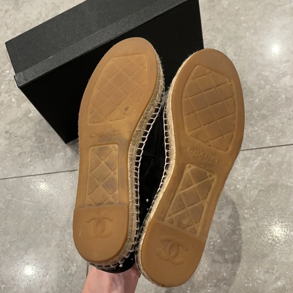 Chanel black espadrilles with pearls